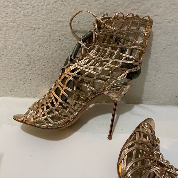 Sophia Webster Delphine Leather Gold /Caged Tie Lace Up Booties Heels 39 - Picture 11 of 15